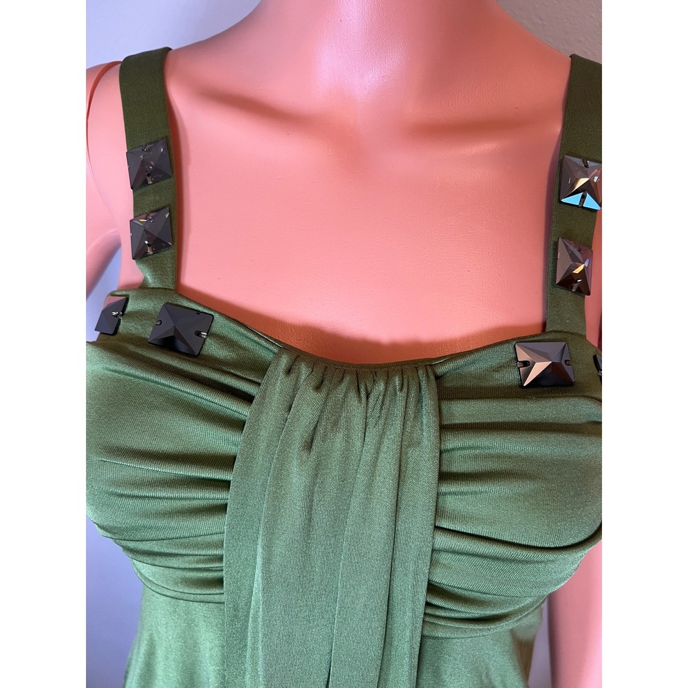 Prairie New York Silk Studded Ruched Cocktail Dress XS Olive Green Draped Front
